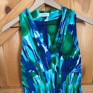 Calvin Klein Sleeveless V Neck Abstract Print Midi Dress Womens 6 Green Blue